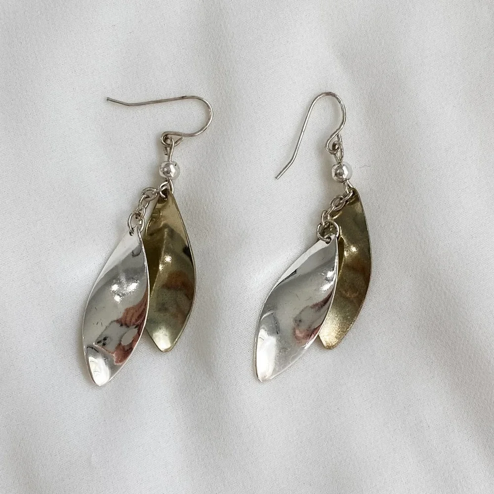 VTG Silver Gold Almond Dangle Earrings